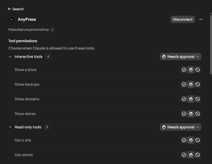 AnyPress connected in Claude's connector settings, at https://api.anypress.io/mcp, with its tools listed