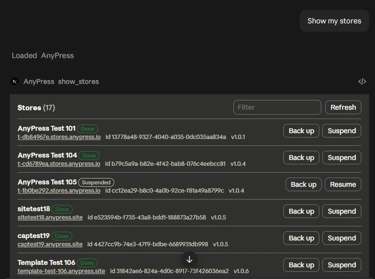 Claude answering "Show my stores" with the AnyPress stores screen: each site with its address, and Back up and Suspend buttons