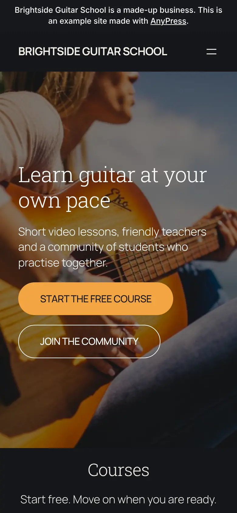The Brightside Guitar School example site on a phone