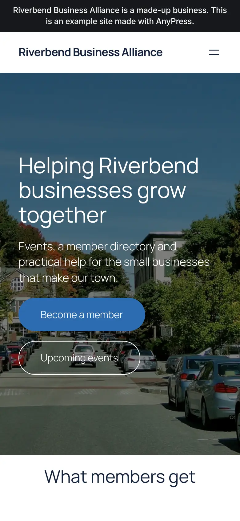 The Riverbend Business Alliance example site on a phone