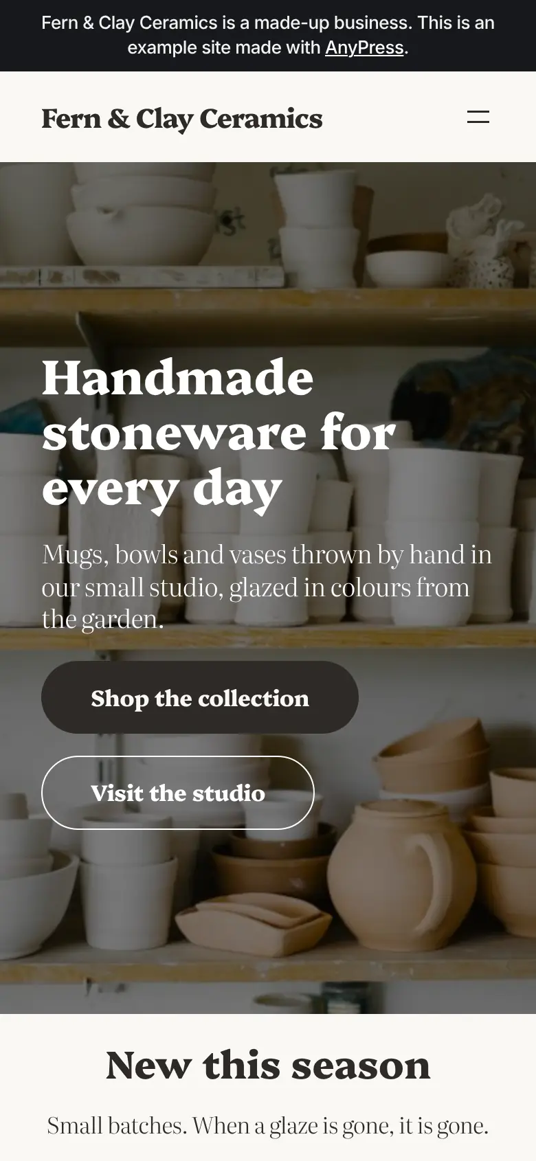 The Fern & Clay Ceramics example site on a phone