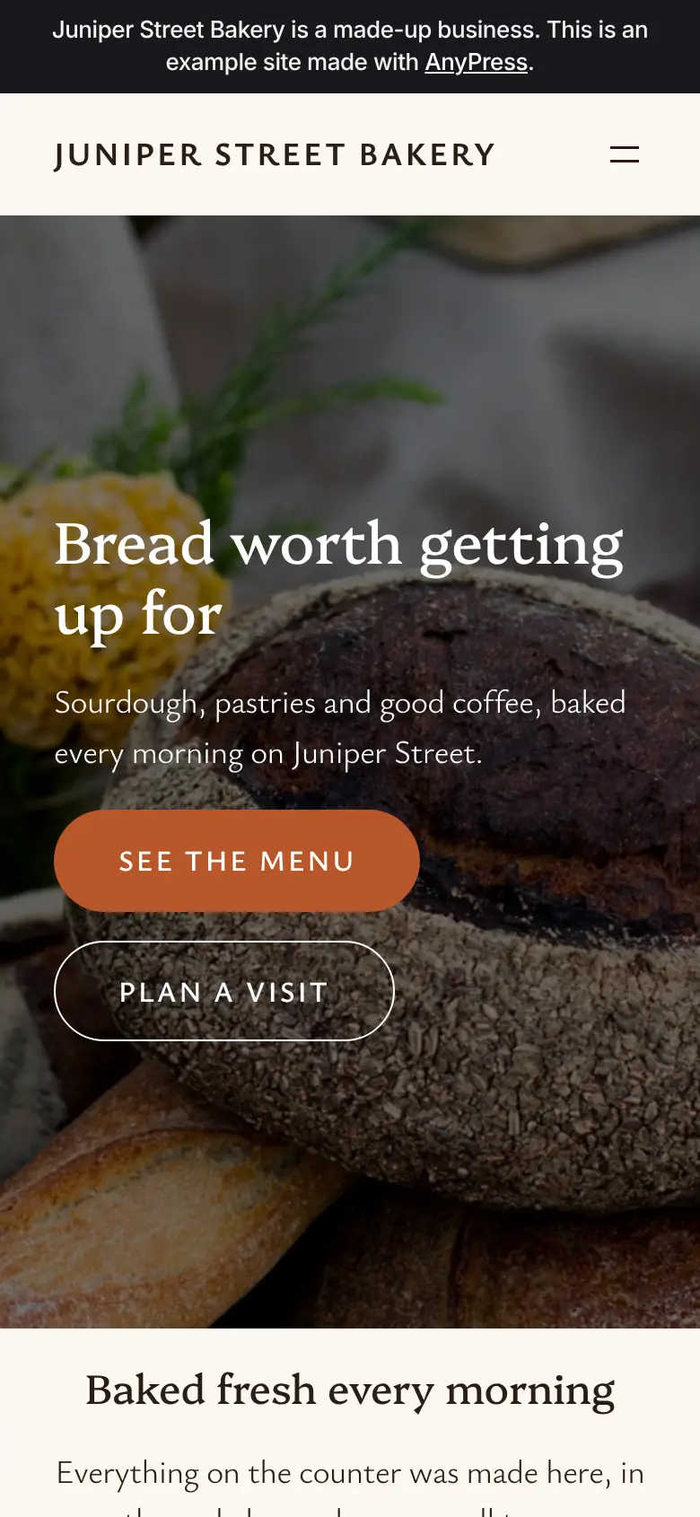 The Juniper Street Bakery example site on a phone